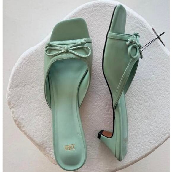 ZARA Open Toe Heels NWT | Green Bow Detail Square Toe - Picture 6 of 16